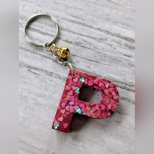 Red Letter P Resin Keychain With Jingle Bell